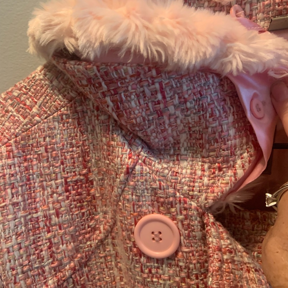 Women's Pink Tweed Coat with Faux Fur Collar - Picture 3 of 7